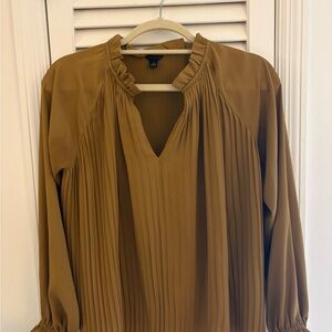 Pleated V-Neck Long Sleeve Top - Mustard